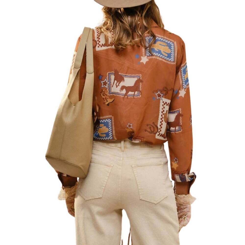 NEW BLUE B western print ruffle sheer blouse in brown - Picture 3 of 4